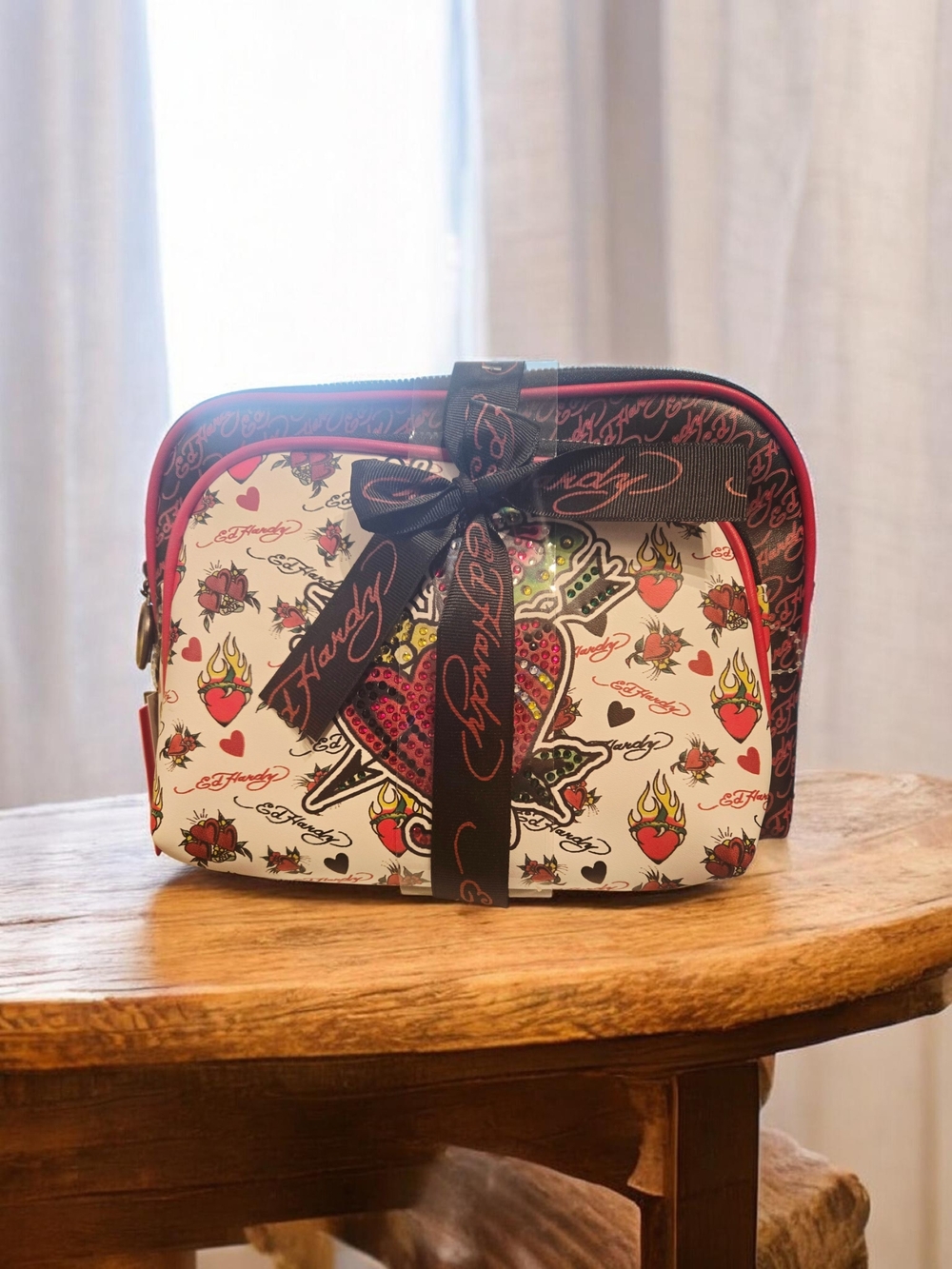NEW Ed Hardy 2 Pieces Cosmetic Bag Set Black and White Tattoo Print Rhinestones